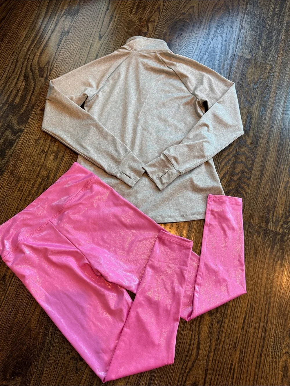 Girls athletic shiny pink leggings and grey zip up